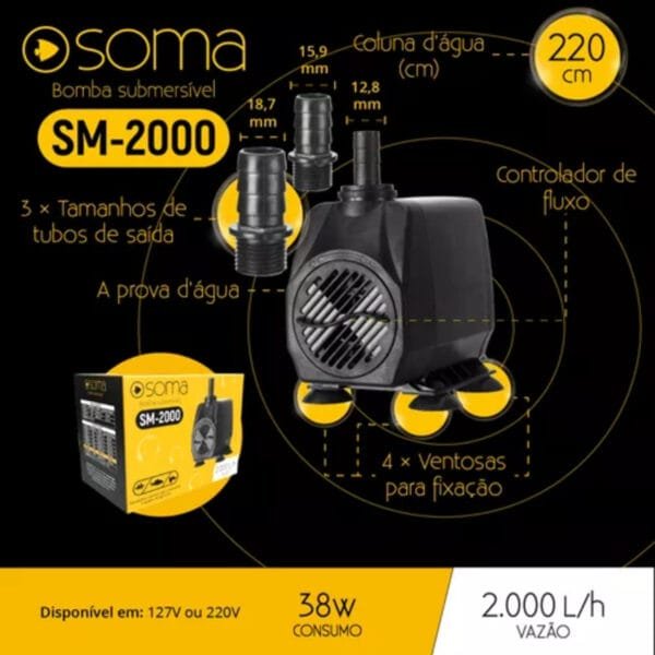 BOMBA SUB SOMA AQUARIOS SM-2000 (2000 L/H) 127V - Imagem 6