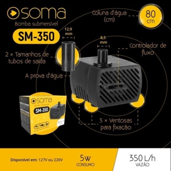 BOMBA SUB SOMA AQUARIOS SM- 350 (350 L/H) 127V - Imagem 3
