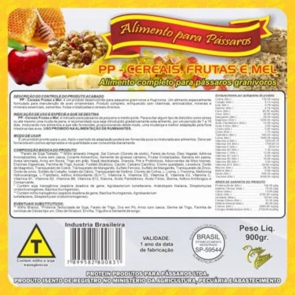 Protein Pp Cereais, Fruta E Mel Para Pássaros - 900g - Imagem 2