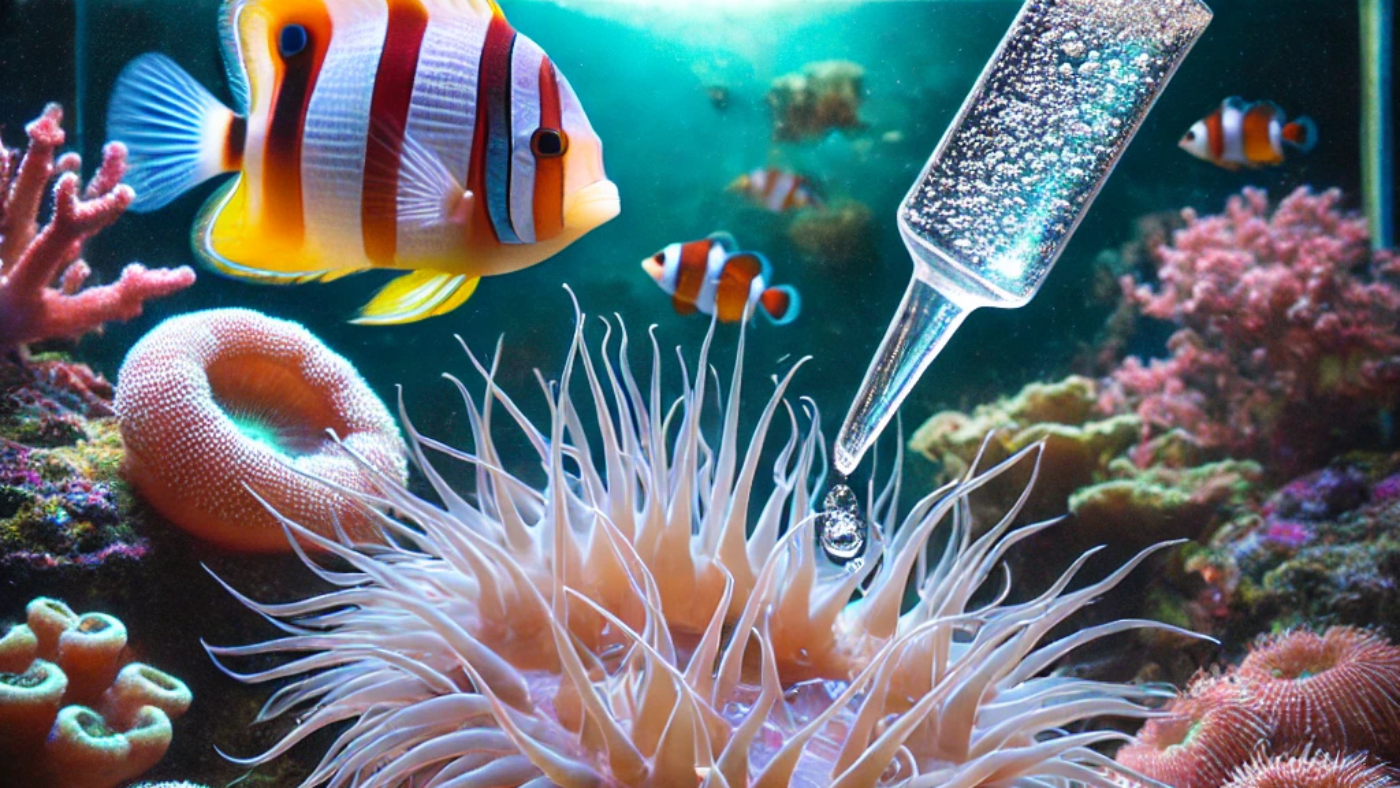 DALL·E 2025-02-12 17.55.07 - An underwater scene in a saltwater reef aquarium showing an infestation of Aiptasia and Mojano anemones. A pipette is applying a Kalkwasser solution d