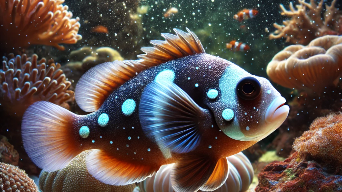 DALL·E 2025-02-14 14.45.30 - A detailed underwater scene showcasing a marine fish infected with marine ich (Cryptocaryon irritans). The fish, possibly a clownfish or tang, display