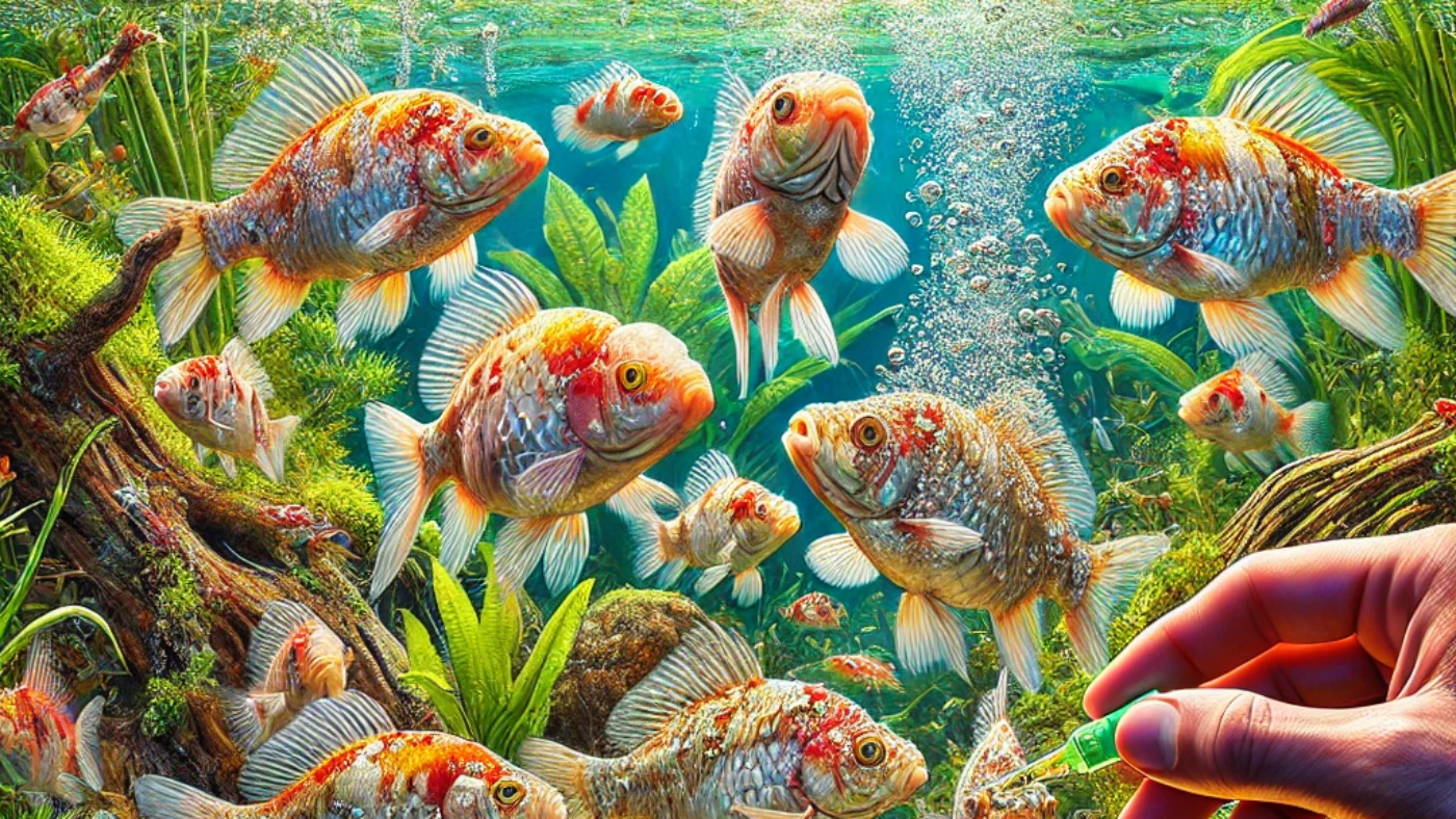 DALL·E 2025-02-14 14.54.32 - A detailed and visually striking image of a freshwater aquarium with a few fish affected by Ichthyophthirius multifiliis (Ich), also known as white sp