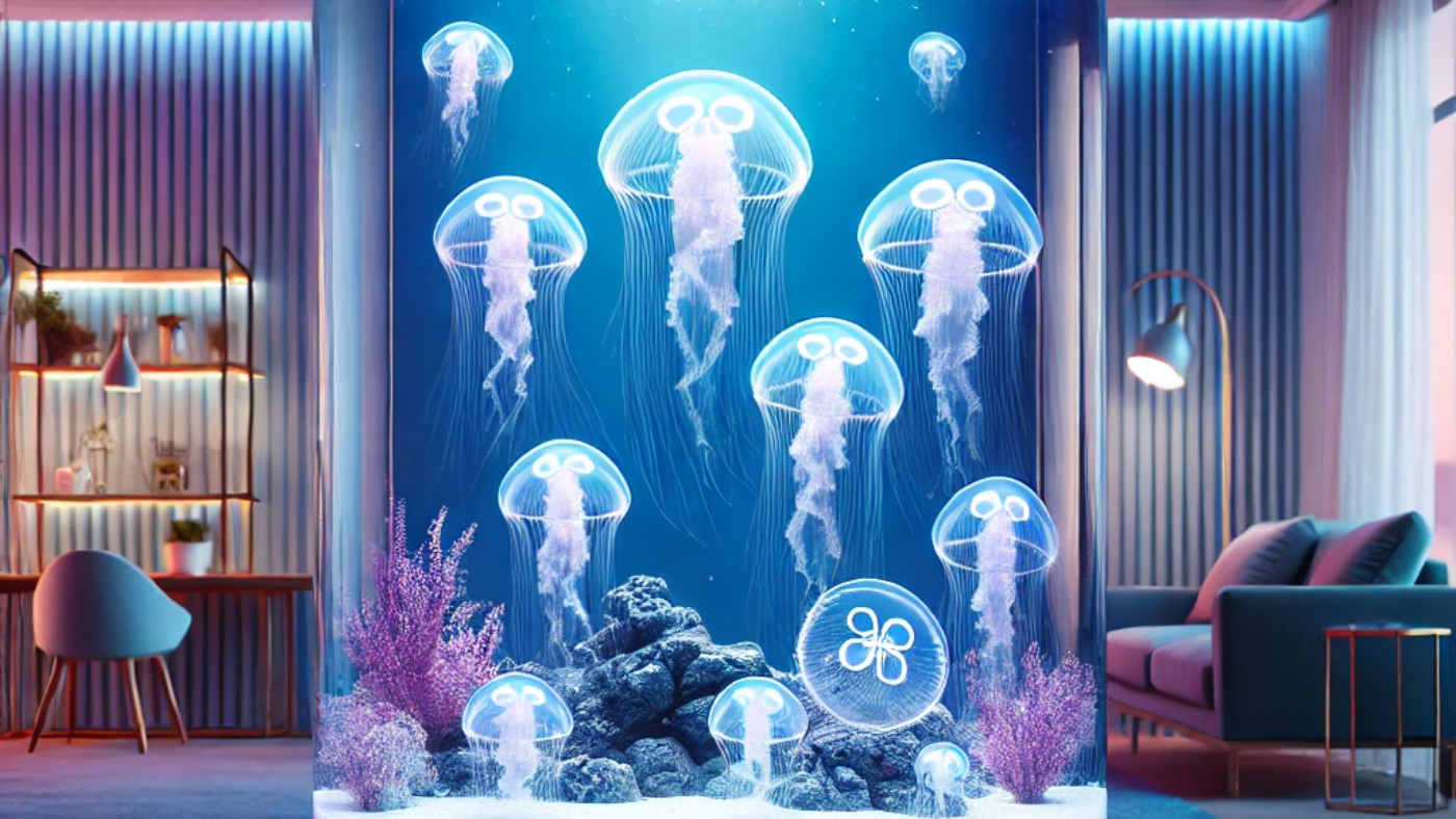 DALL·E 2025-02-14 18.54.08 - A stunning illustration of a jellyfish aquarium in a modern home. The tank is cylindrical with a gentle water flow system, showcasing several transluc