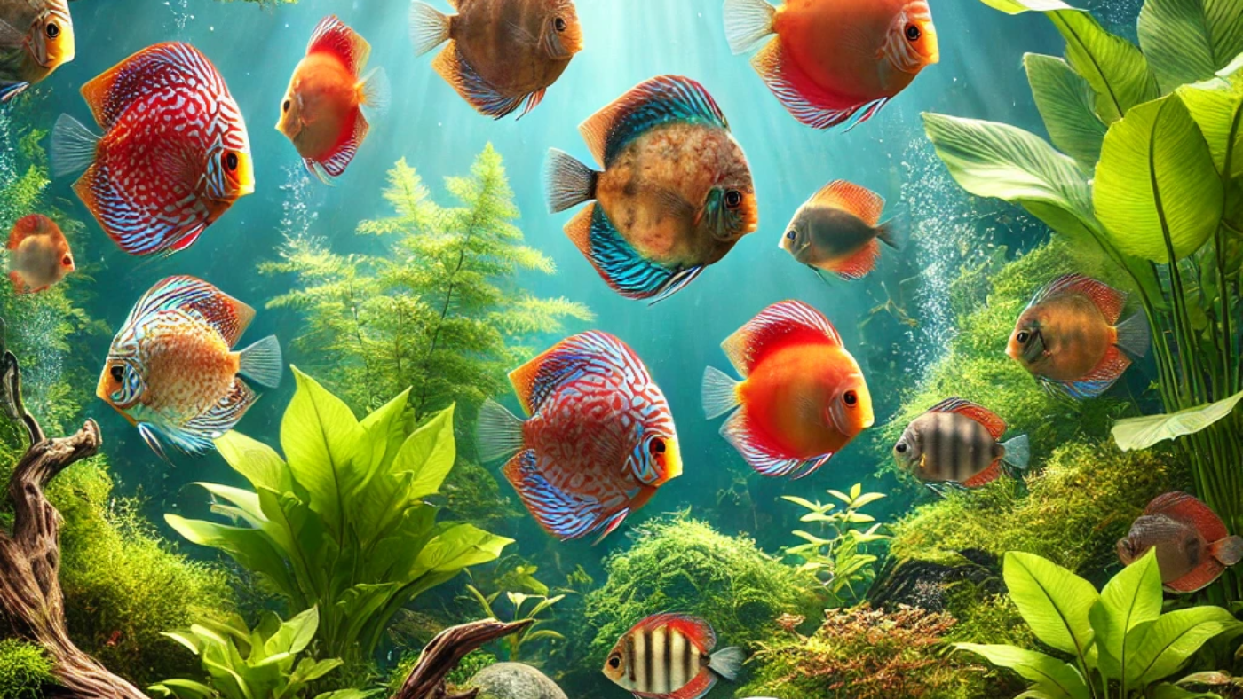 DALL·E 2025-02-17 14.13.23 - A vibrant and healthy aquarium with a group of Discus fish swimming gracefully among lush plants, rocks, and driftwood. The aquarium has crystal clear