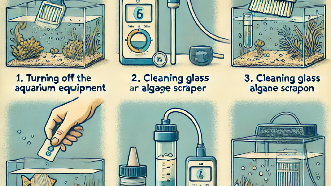 DALL·E 2025-02-17 16.38.18 - An illustrated step-by-step guide for aquarium maintenance. The image should feature six panels showing_ 1) Turning off the aquarium equipment, 2) Cle