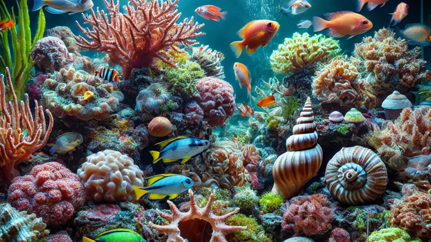 DALL·E 2025-02-18 19.45.00 - A well-maintained marine aquarium with vibrant coral reefs, crystal-clear water, and a variety of colorful fish. The scene includes algae-eating creat