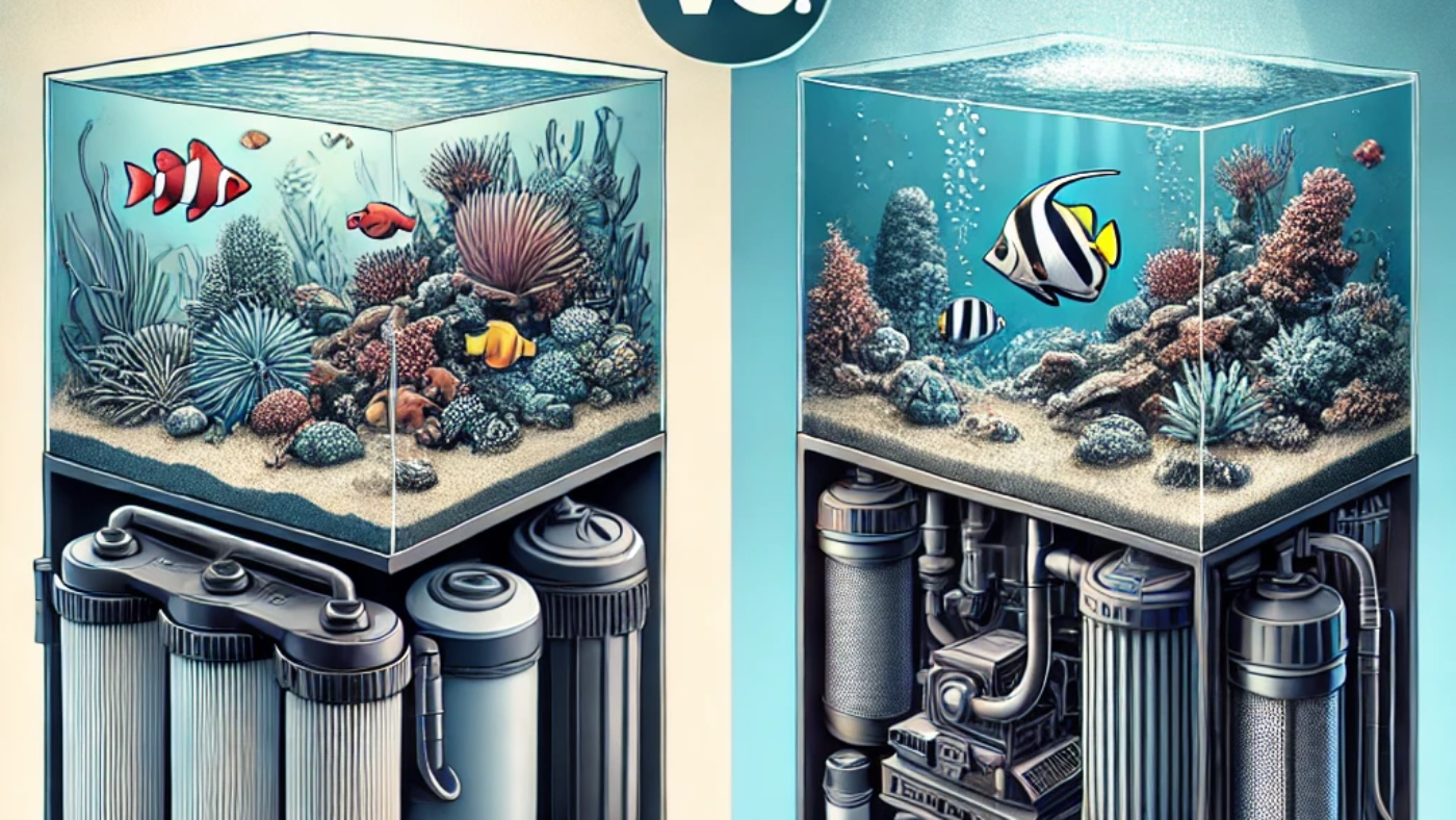 DALL·E 2025-02-20 13.43.15 - A dynamic and engaging illustration of an aquarium filtration showdown_ Canister Filter vs. Sump Filter. The image features a split composition, with