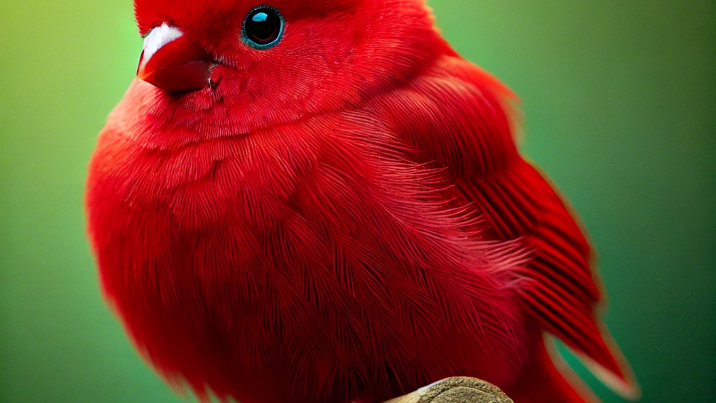 DALL·E 2025-02-21 19.13.34 - A vibrant red Urucum canary perched on a wooden branch, showcasing its intense red coloration. The background is a soft, natural green to highlight th