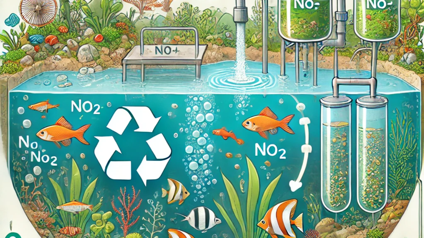 DALL·E 2025-03-06 21.38.43 - Uma ilustração detalhada e educativa do ciclo do nitrogênio em um aquário. A imagem deve mostrar as três etapas principais_ 1) Produção de amônia (NH3