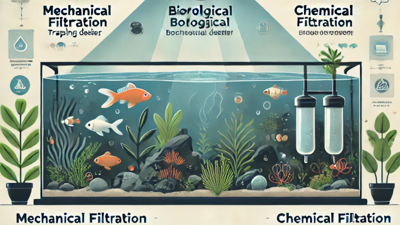 DALL·E 2025-03-08 23.07.00 - An educational infographic showcasing the three main types of aquarium filtration_ mechanical, biological, and chemical. The design should include__-
