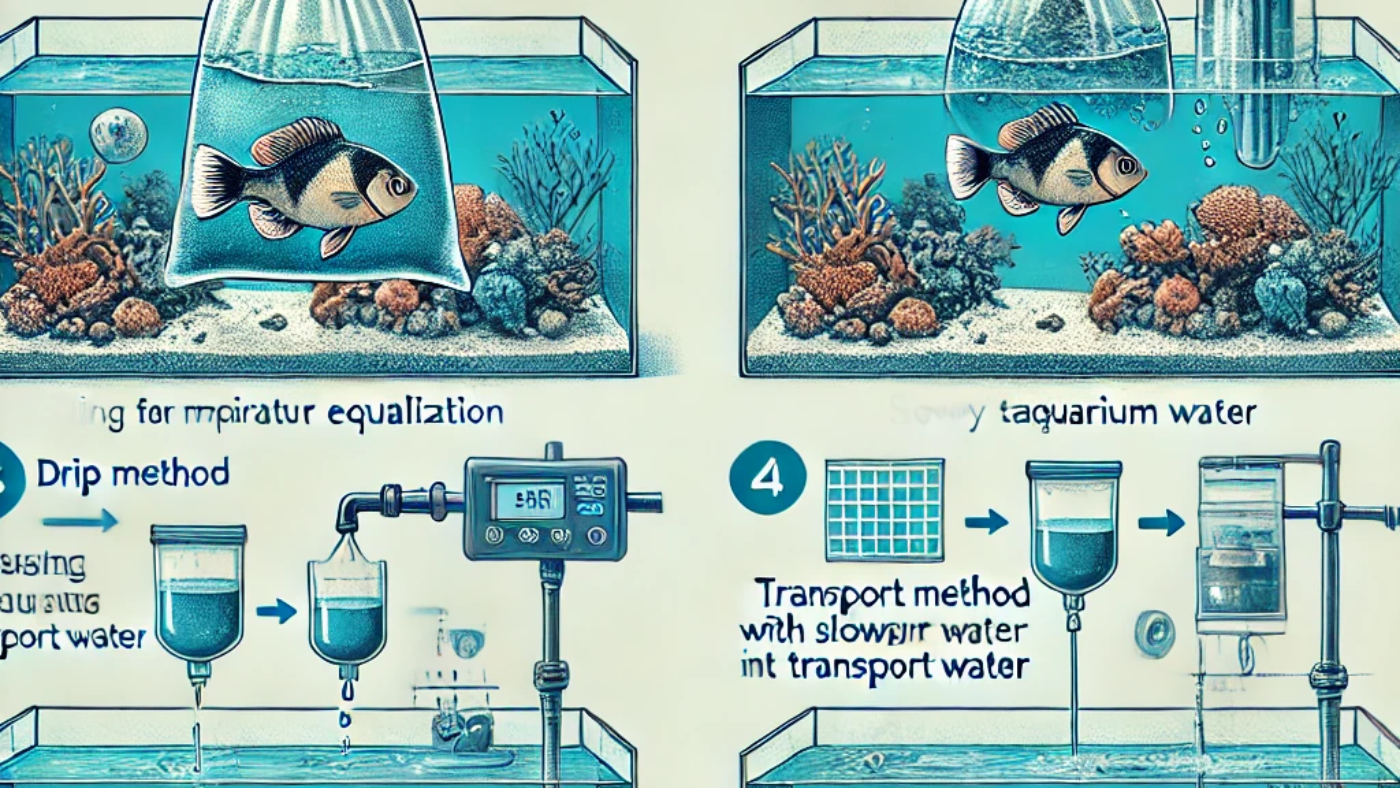 DALL·E 2025-03-17 19.17.30 - A detailed instructional image showing the acclimation process for marine animals in an aquarium. The image includes a step-by-step visual guide illus
