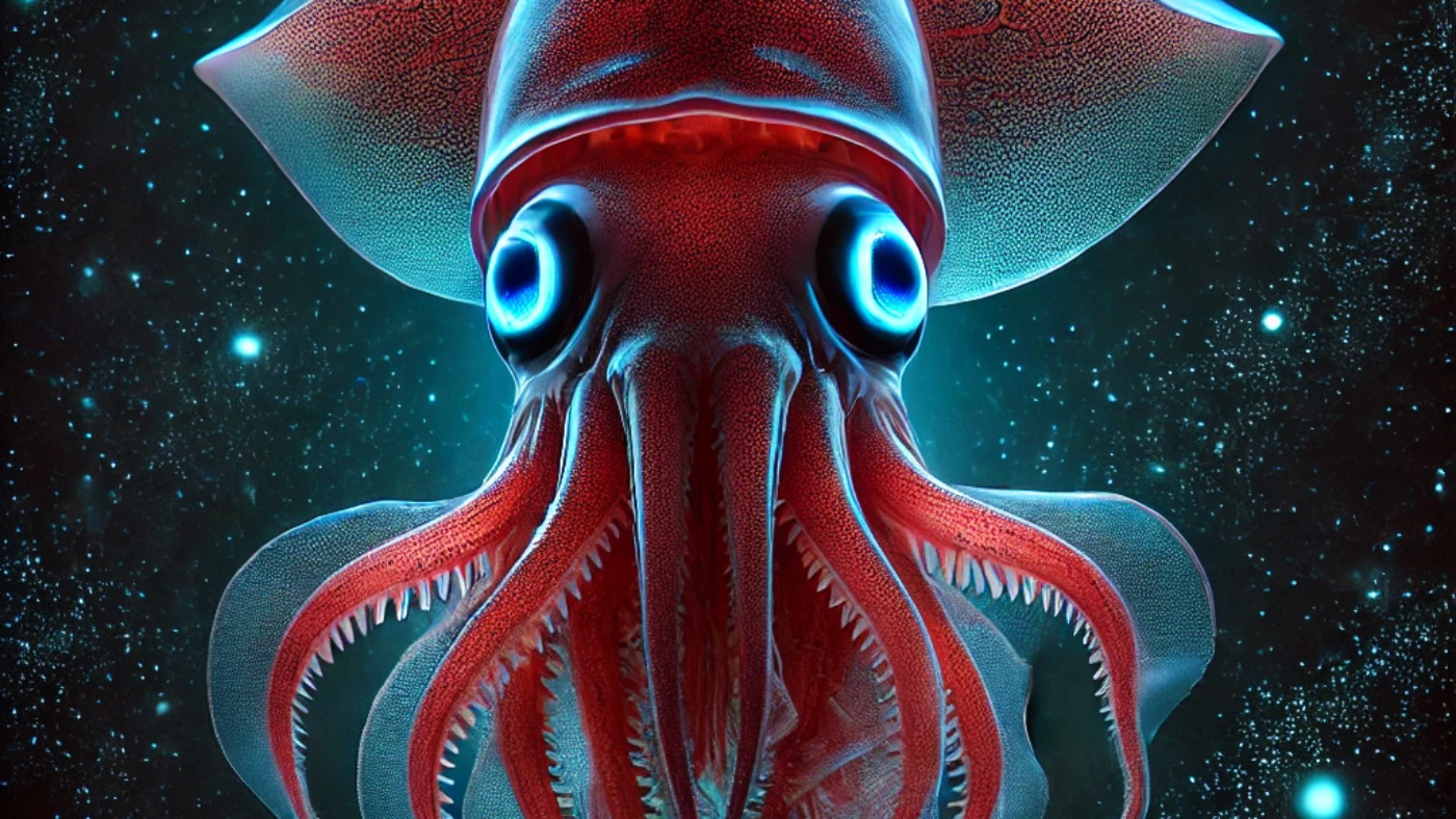 DALL·E 2025-03-25 19.24.14 - A stunning deep-sea vampire squid (Vampyroteuthis infernalis) in its natural habitat. The squid has a translucent, reddish-black gelatinous body, larg