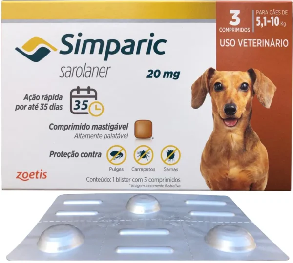 Simparic 5 a 10 Kg 20mg 3 Comprimidos Mastigáveis Palatáveis Zoetis